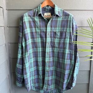 American Eagle Flannel Plaid Button Up Shirt Green Blue Cotton XL Vintage